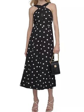 DKNY Black & White Polka Dot Crisscross Halter Midi Dress NWT